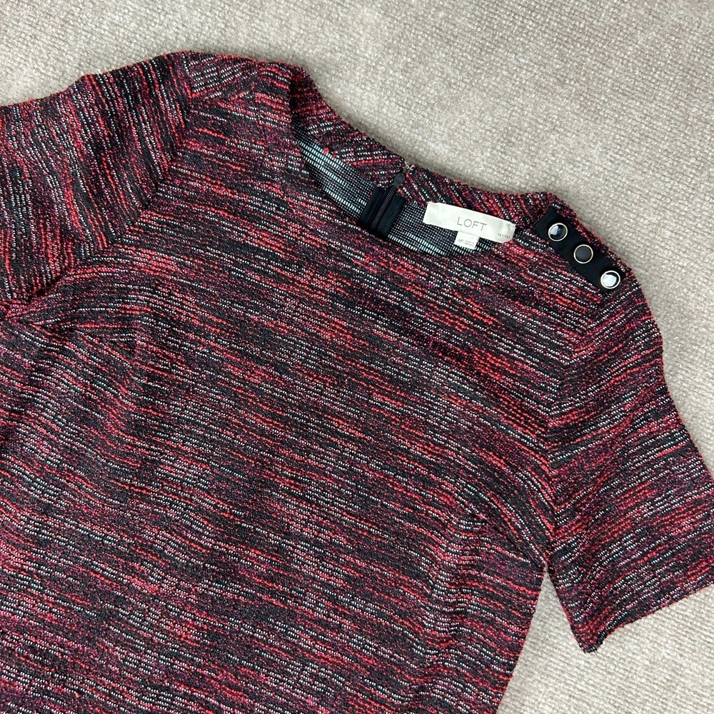 Loft Shift Dress Womens Medium Petites Red Tweed Stretch Round Neck Short Sleeve